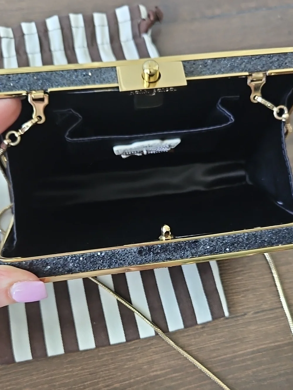 HENRI BENDEL Black Glitter Box Clutch Crossbody Evening Bag Gold Hardware +Dusty